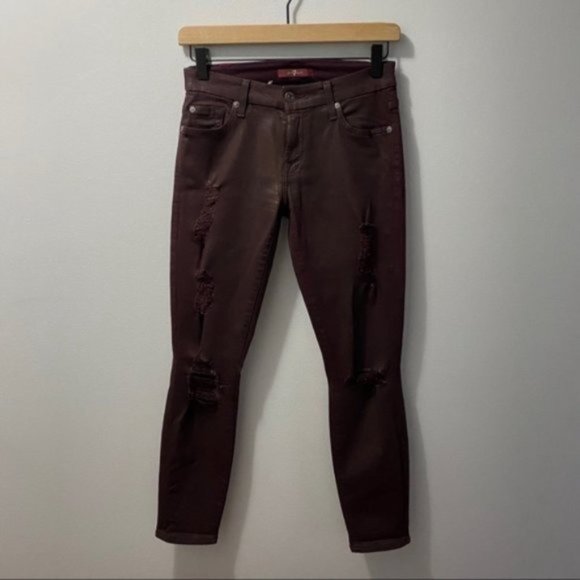 7 For All Mankind Burgundy Distressed Coated Skinny Jeans Size 25 Boho Grunge - Picture 2 of 8